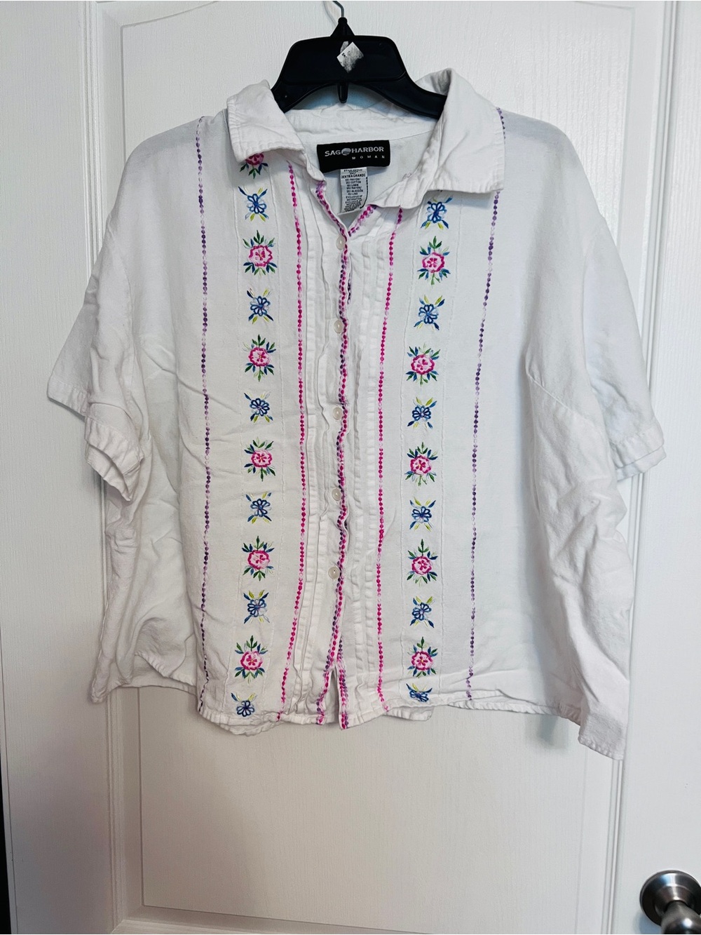 Sag Harbor White Button-Up Shirt with Pink & Blue Floral Embroidery 3X